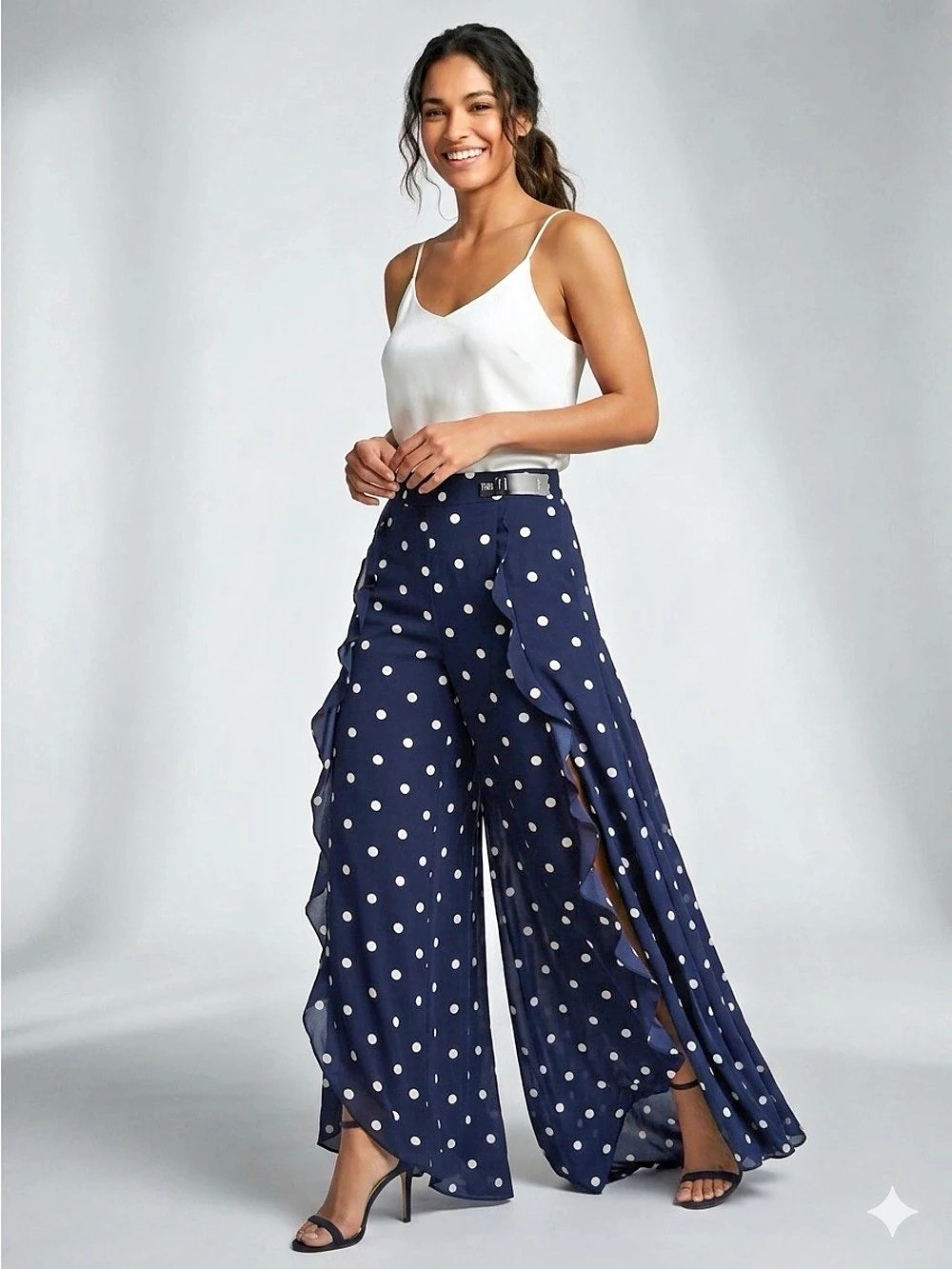 NY&CO Polka Dot Palazzo Pants - Size L | Ruffle High Waist Side Slit NWT